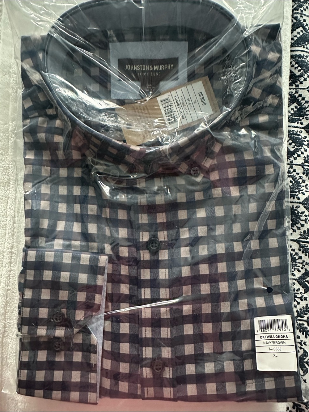 Johnston & Murphy Navy and Brown Checked Button-Down Shirt
